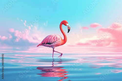 Shiny flamingo bird in pastel synthwave colors on a pastel water surface  summer scene