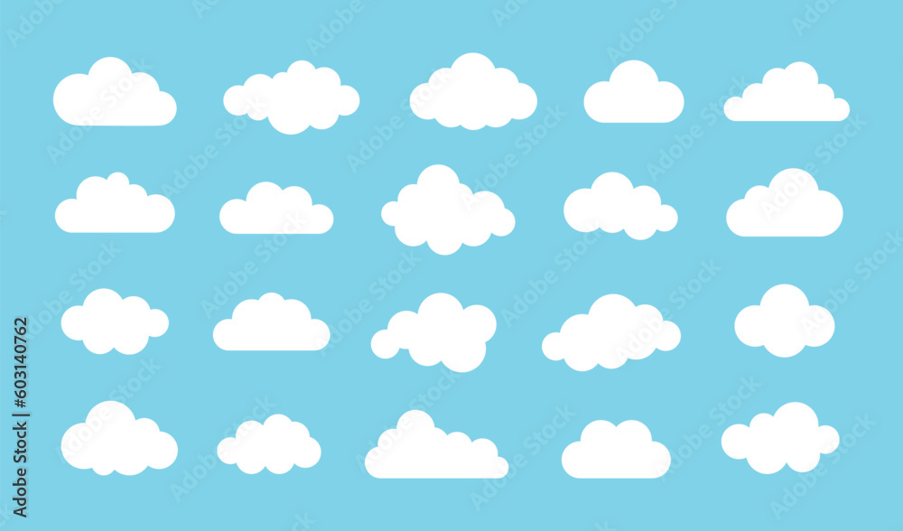 White abstract cloud illustration set. Cute fluffy, bubbly clouds collection. White cloudy shape isolated on blue background. Flat vector decoration element.