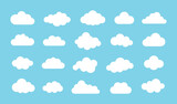 White abstract cloud illustration set. Cute fluffy, bubbly clouds collection. White cloudy shape isolated on blue background. Flat vector decoration element.