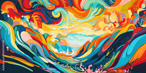 The wild seas of our imagination. Beautiful exuberant abstract painting in a gouache   vector style  with wildly flowing colours