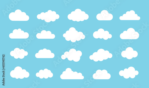 White abstract cloud illustration set. Cute fluffy, bubbly clouds collection. White cloudy shape isolated on blue background. Flat vector decoration element.