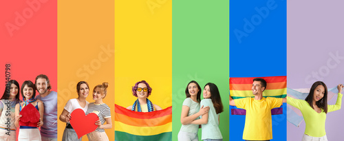  Set of people with LGBT flags on rainbow background