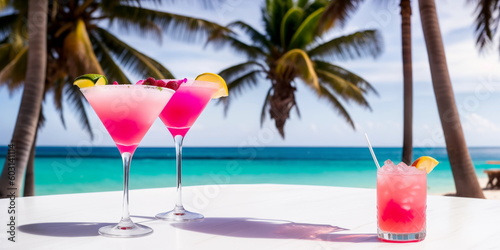A pink cocktail in a glass on a white table against the background of a sea beach on a bright sunny day under palm trees. Copy space for advertising text. Generative AI.