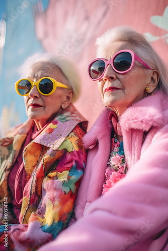 Two older women dressed in pink and wearing sunglasses. In the style of vibrant and textured. Candid moments captured