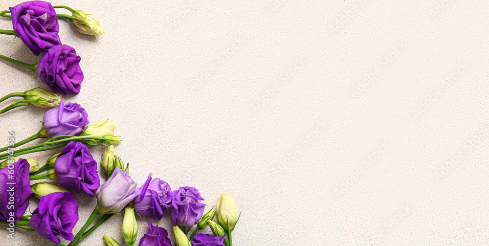 Beautiful eustoma flowers on light background with space for text
