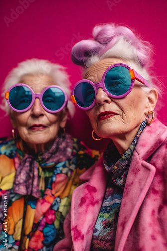 Two older women dressed in pink and wearing sunglasses. In the style of vibrant and textured. Candid moments captured