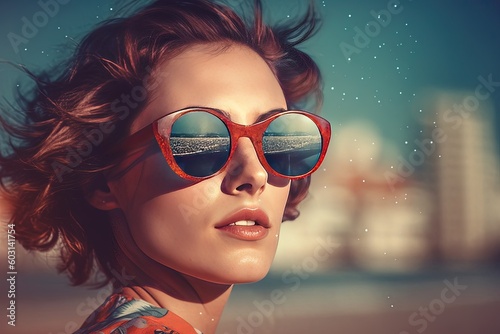 A fashionable woman in retro 60s style collage, wearing sunglasses and enjoying the beach vibes