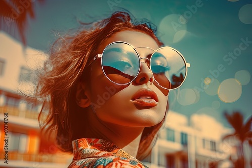 A fashionable woman in retro 60s style collage, wearing sunglasses and enjoying the beach vibes © Dejan
