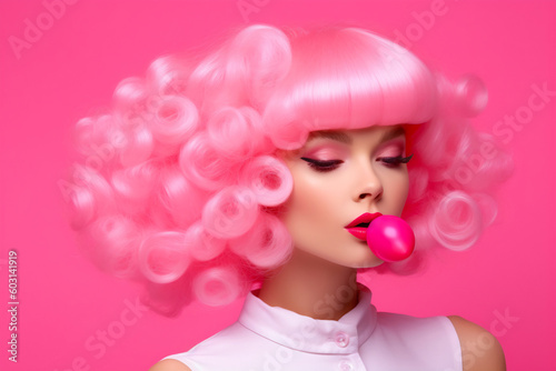 Tela Emotion pink wig woman. Wide open mouth. Pink lips makeup