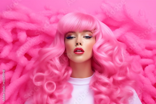 Murais de parede Emotion pink wig woman. Wide open mouth. Pink lips makeup