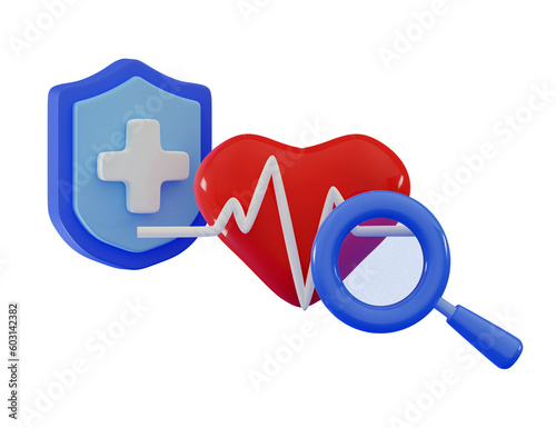 3d red heart with pulse line with magnifier glass and protection icon Heartbeat or cardiogram Healthcare Life insurance Heart emergency help Cartoon minimal style 3D rendering illustration