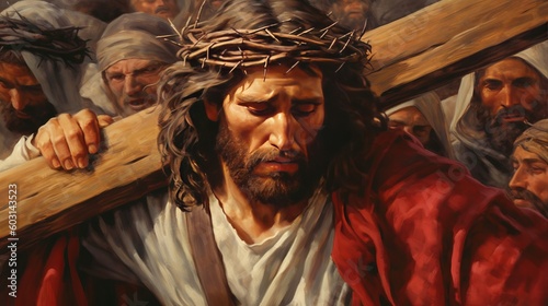 Canvastavla Jesus carrying his cross image. Generative AI