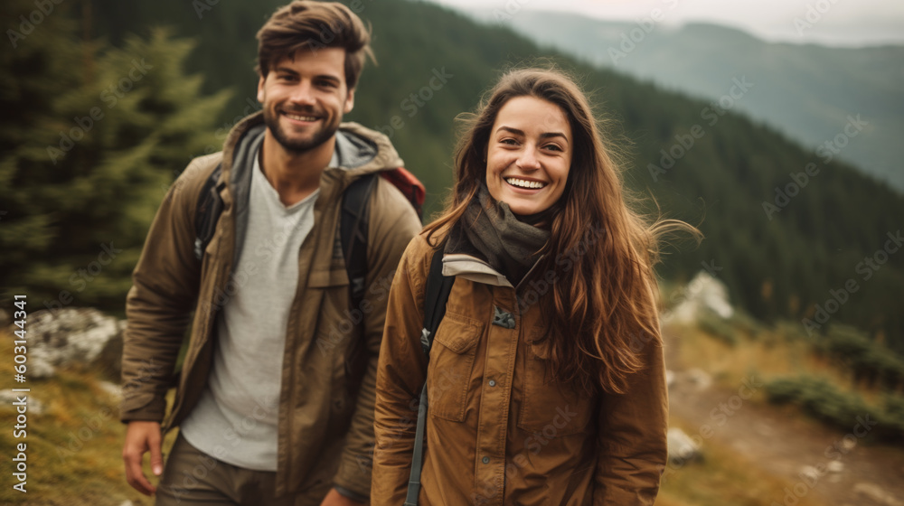 young happy couple hiking in the mountains.  Image Generative AI.