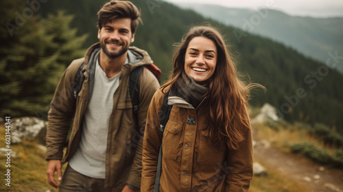 young happy couple hiking in the mountains. Image Generative AI.