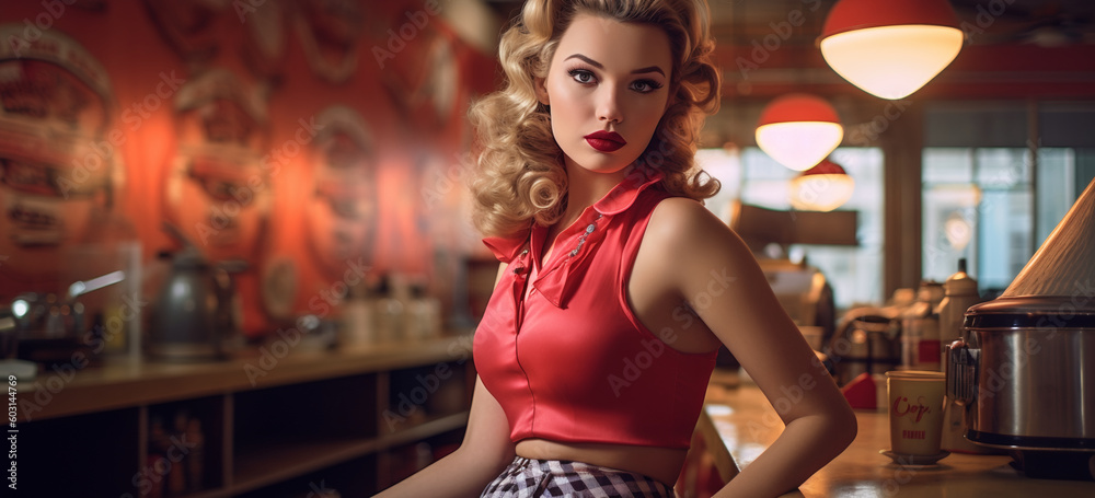 Portrait of a pin up woman in a bar.  Image Generative AI.