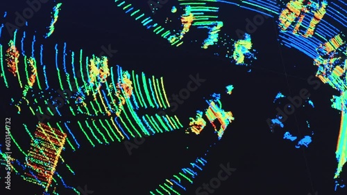 PRAGUE , CZECH REPUBLIC - NOVEMBER 12 2022: Visualization of environment seen via LIDAR technology. Active optical range finder measuring distance by emitting light and timing