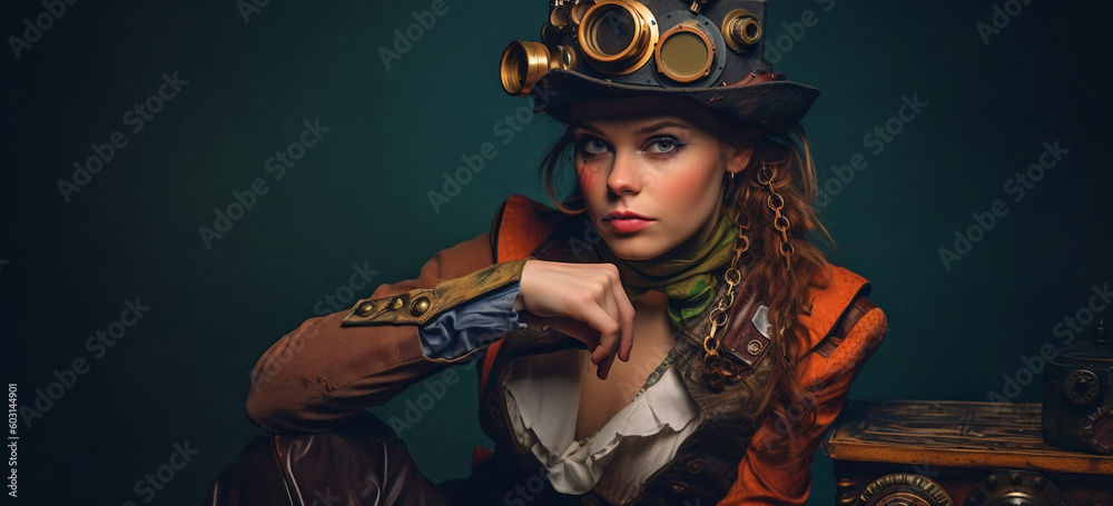 Obraz premium Portrait of a woman in steampunk style. Image Generative AI.