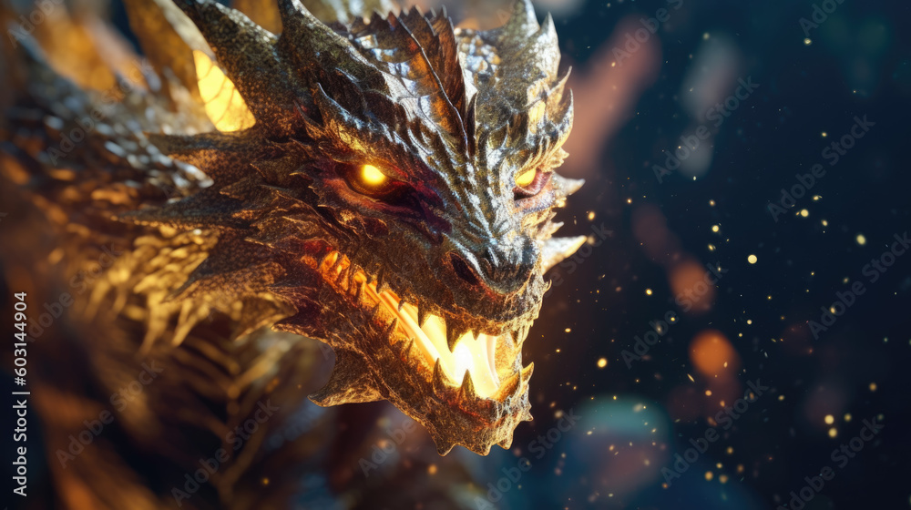 A majestic golden dragon, close-up. Generative AI. A majestic golden dragon, close-up. Generative AI.
