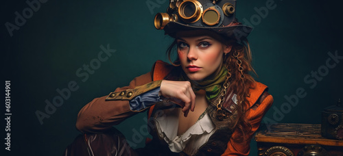 Portrait of a woman in steampunk  style. Image Generative AI.