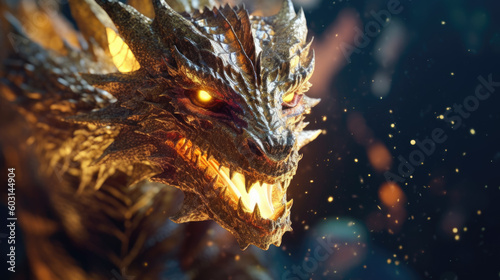 A majestic golden dragon, close-up. Generative AI.