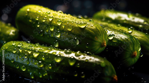 Fresh cucumbers in water drops. Generative AI.