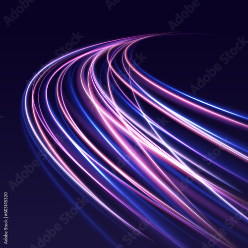 Abstract long exposure dynamic speed light trails background. Generative ai. Abstract neon motion glowing wavy lines. Futuristic technology concept. Vector illustration	
