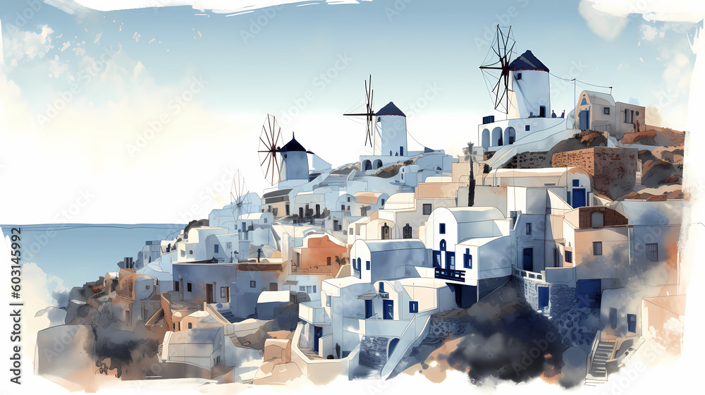 Illustration of beautiful view of Santorini, Greece - obrazy, fototapety, plakaty 