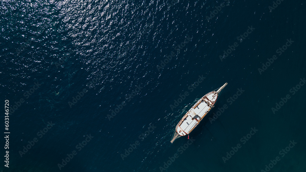 Drone aerial view on small cruise ship Drone aerial view on small cruise ship