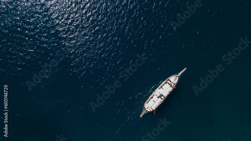 Drone aerial view on small cruise ship