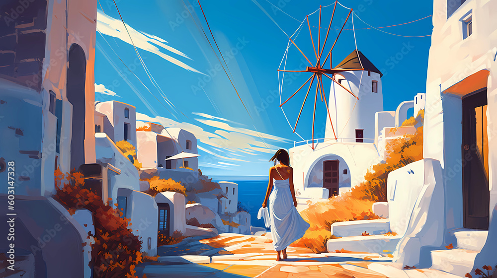 Illustration of beautiful view of Santorini, Greece - obrazy, fototapety, plakaty 