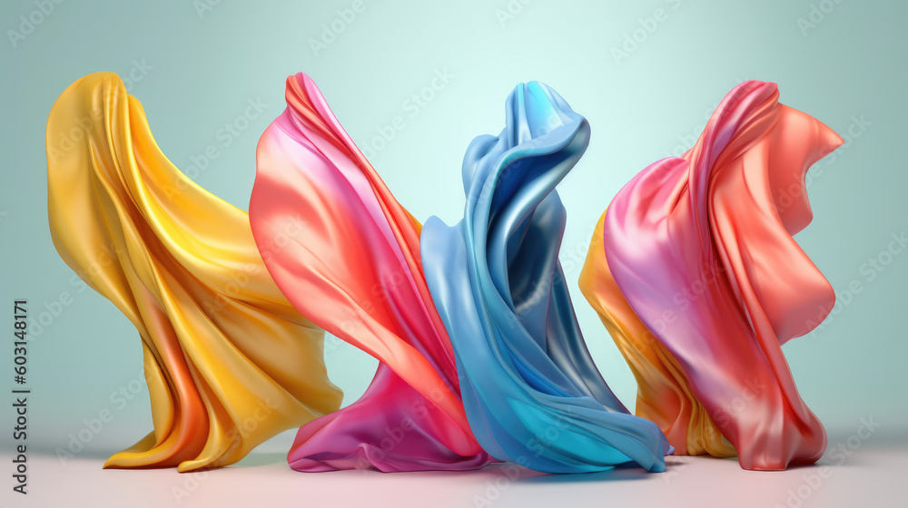 Obraz premium Abstract multicolor background. Silk satin fabric different color dancing, flying in the air. Creative background for design. Soft wavy folds. advertising for a fabric store. banner. Generative AI