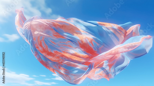 Delicate flying silk satin pink blue scarf float in the air against the background of the sky with clouds. Creative template. wide banner. Generative AI