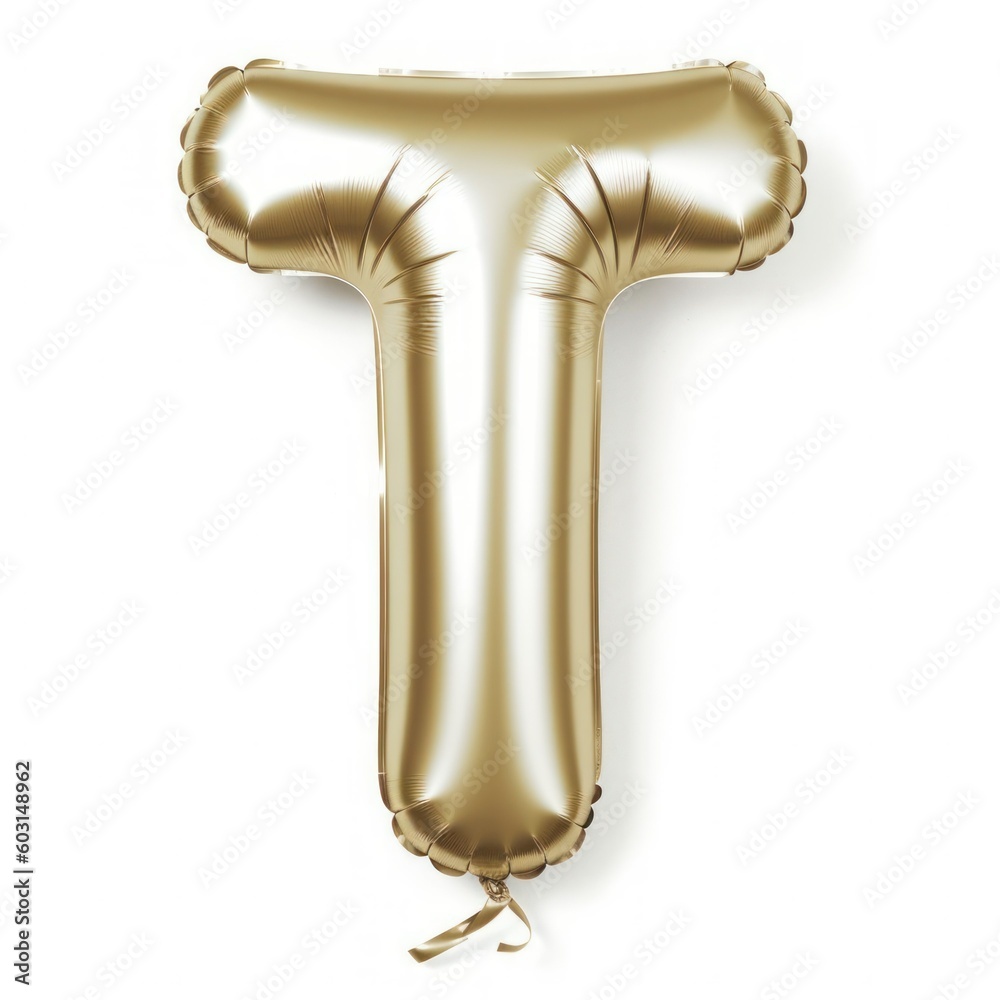 Fototapeta premium Golden Celebration Balloon in Alphabet Letter Shape Isolated on White Background. Silver Letter T Ballon. Generative AI illustration.
