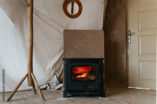 Wood stove in a tent photo