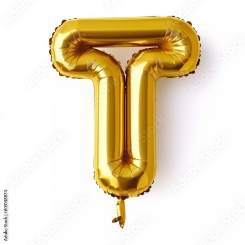 Shiny Golden Alphabet Letter Balloon Isolated on White Background. Letter T. Generative AI illustration. photo