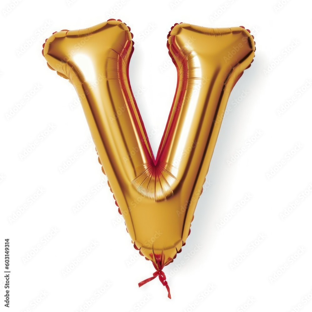 Shiny Golden Alphabet Letter Balloon Isolated on White Background. Letter V. Generative AI illustration. Shiny Golden Alphabet Letter Balloon Isolated on White Background. Letter V. Generative AI illustration.