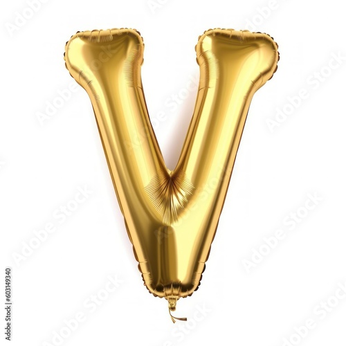 Golden Celebration Balloon in Alphabet Letter Shape Isolated on White Background. Letter V Ballon. Generative AI illustration.