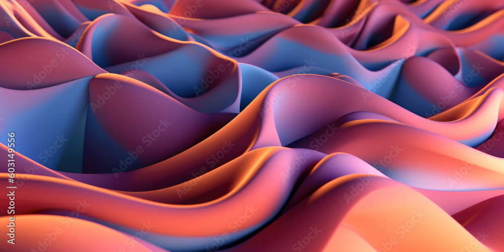 Beautiful multicolor, peach beige blue pink waves abstract wallpaper design. background. Elegant wavy background. Wide web banner. Copy space. Generative AI
