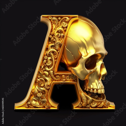 alphabet, skull, letter, number, 3d, font, symbol, four, 4, text, a, metal, sign, gold, illustration, abc, design, type, icon, metallic, character, golden, digit, typography, shiny, element, generati