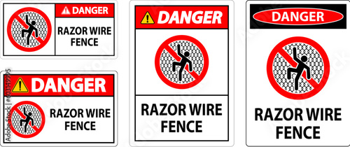 Danger Sign Razor Wire Fence On White Background