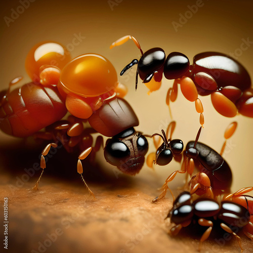 Black ants eating honey drop. Concept of teamwork or hardworking or unity. © codebasejp