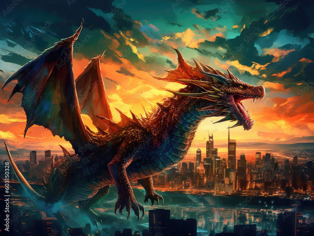 Dragon overlooking city wallpaper, Generative AI Dragon overlooking city wallpaper, Generative AI