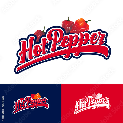 Hot pepper logo. Red letters with habanero peppers. Vintage emblem. Flat and monochrome options.
