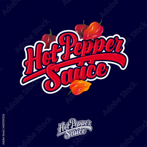 Hot Pepper Sauce logo. Red letters with habanero peppers. Mexican sauce emblem. Spicy food. Vintage emblem.