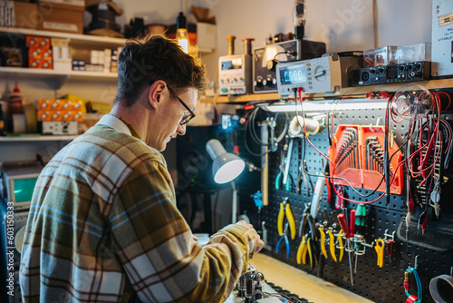 Repairman fixing details of guitar amp at workbench