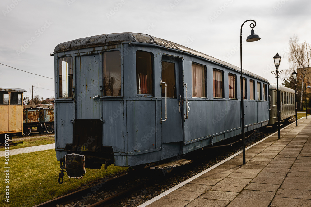 Vintage railway carriage train waiting on the platform.