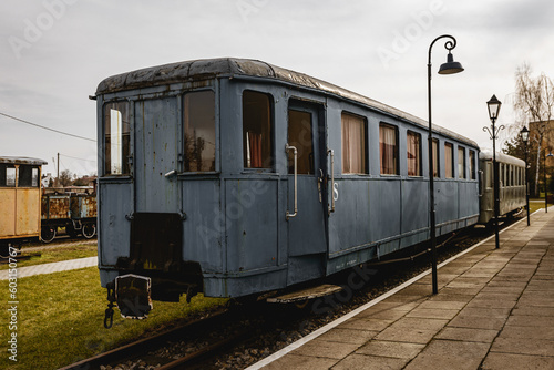 Vintage railway carriage train waiting on the platform.