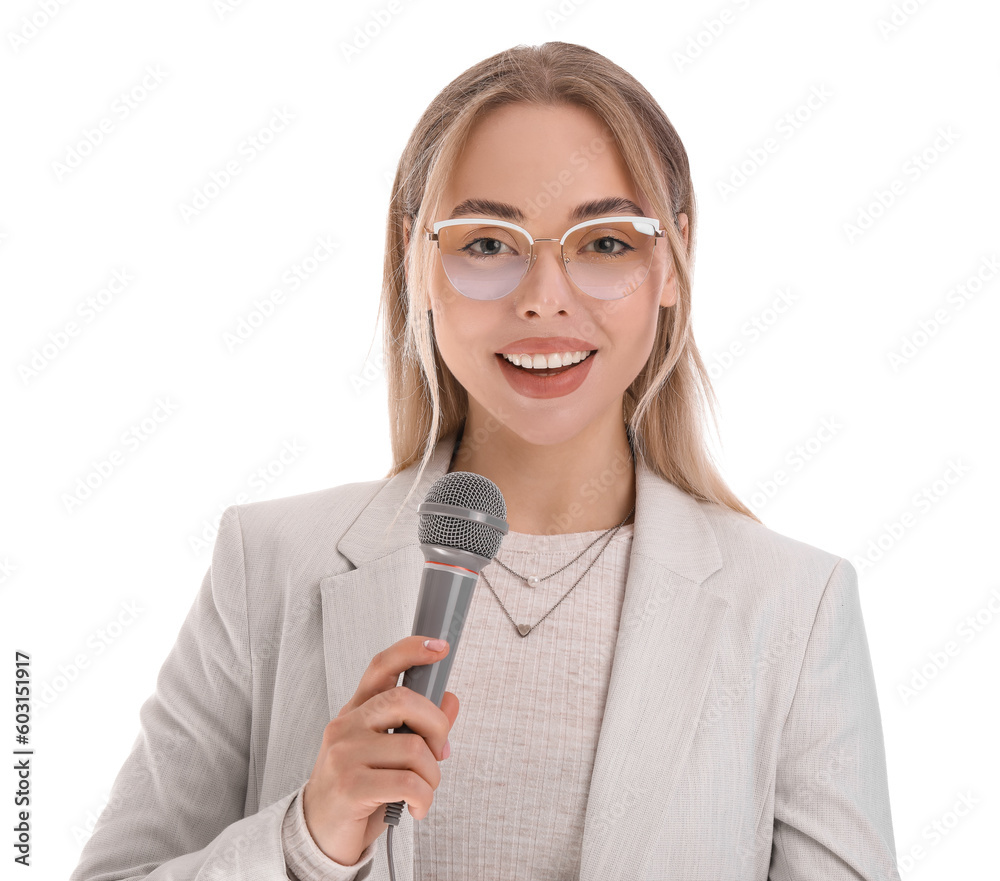 Female journalist with microphone on white background, closeup