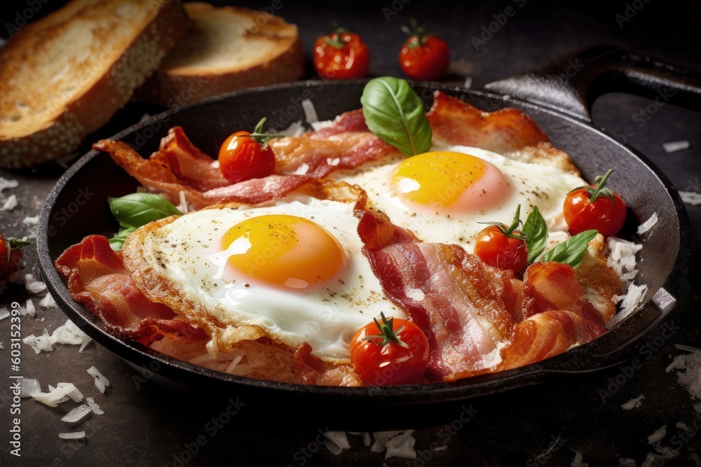 Bacon, eggs, and tomatoes in a pan, generative ai Bacon, eggs, and tomatoes in a pan, generative ai