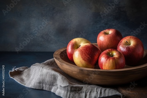 Apples in a wooden bowl, generative ai